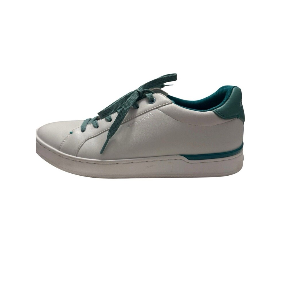 Coach Clip Leather Low Top Sneakers Size 9.5B CG657 Color Optic White/Blue Green